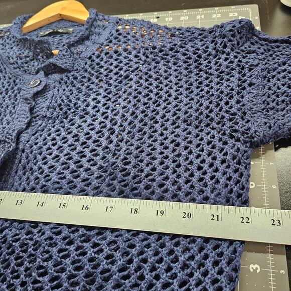 Crochet Knitted Blouse Womens XL Blue Button Top Short Sleeve Sheer Boho Indie - Picture 8 of 9